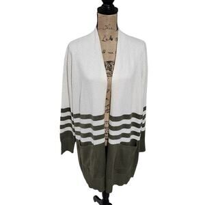 Michael Kors Striped Open Front Longline Cardigan Sweater XL White Olive Green